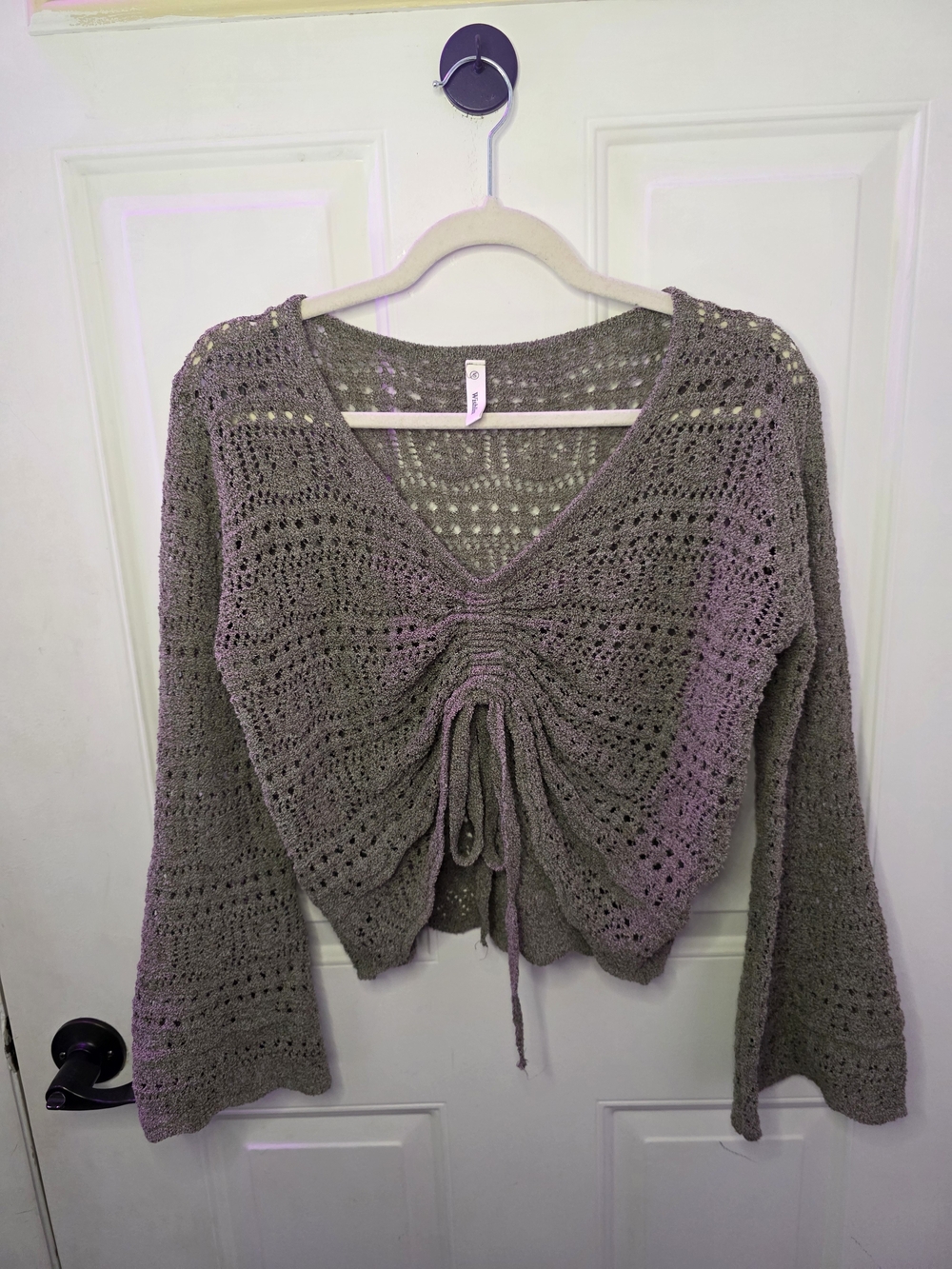 Wishlist Taupe Crochet V-Neck Drawstring Cropped Sweater
